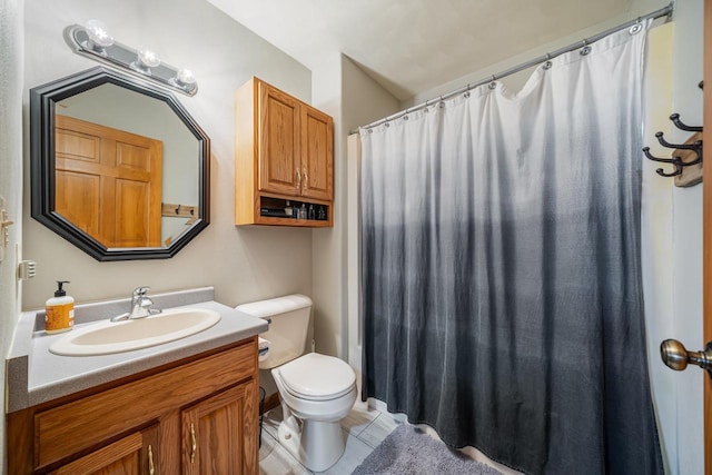 full bathroom with vanity, tile patterned flooring, toilet, and a shower with curtain