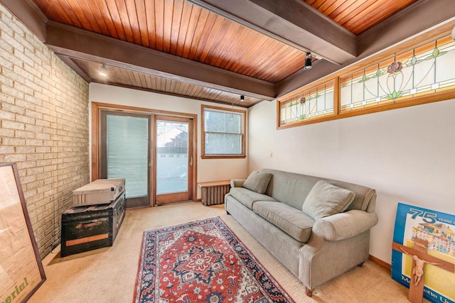 living area with carpet, beam ceiling, rail lighting, brick wall, and wooden ceiling