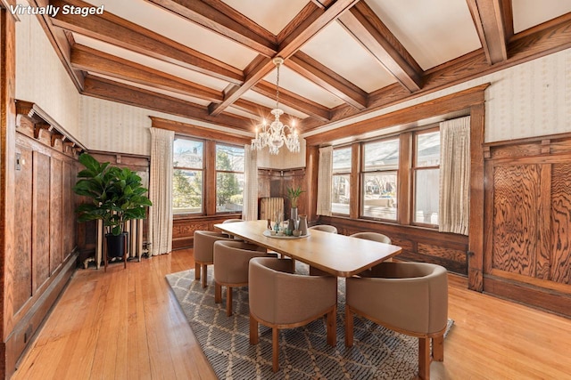 dining area with light wood finished floors, beamed ceiling, coffered ceiling, and wallpapered walls