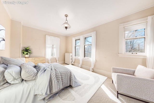 bedroom featuring crown molding, baseboards, and radiator