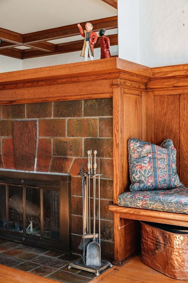 details featuring a glass covered fireplace and wood finished floors