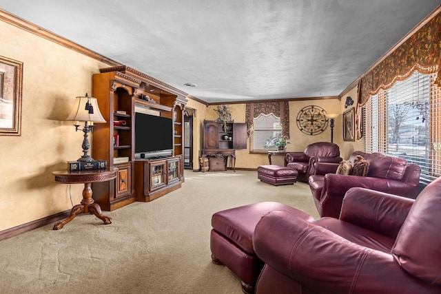 living room with carpet floors, baseboards, and crown molding