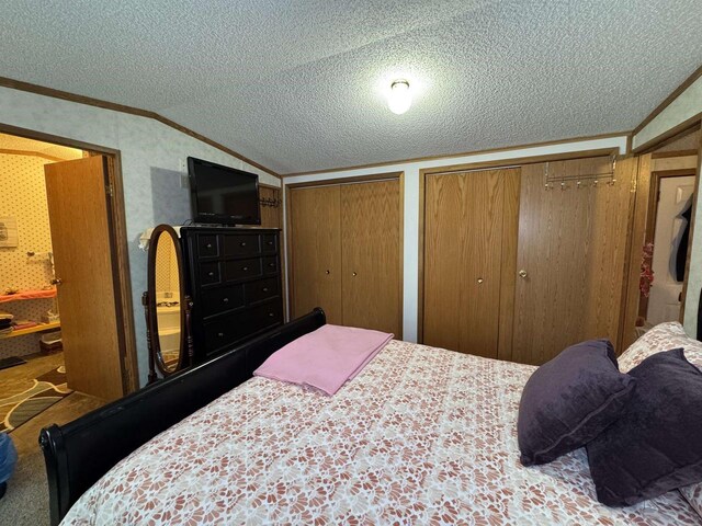 2701 E Main St Unit 118, Reedsburg, WI 53959 - bedroom with a textured ceiling, crown molding, multiple closets, and vaulted ceiling