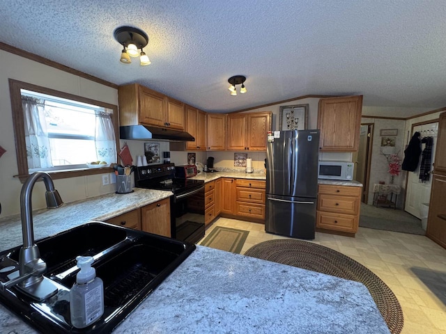 2701 E Main St Unit 118, Reedsburg, WI 53959 - kitchen featuring white microwave, black range with electric stovetop, under cabinet range hood, freestanding refrigerator, and a sink