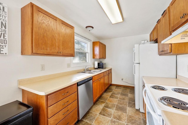 kitchen with stainless steel dishwasher, brown cabinets, under cabinet range hood, and a sink