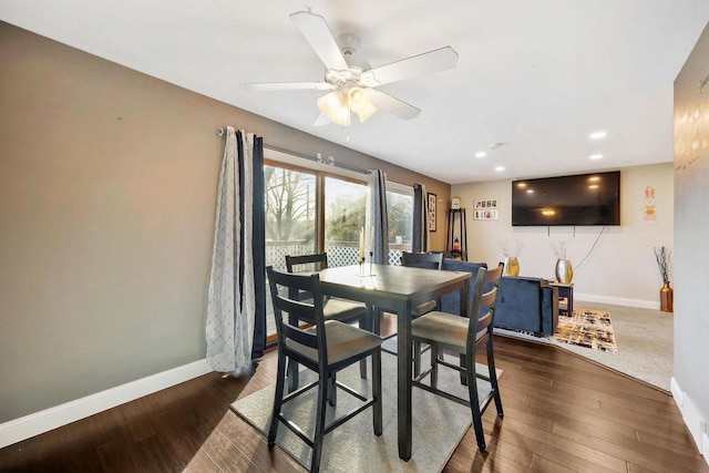 dining space featuring recessed lighting, baseboards, and dark wood-style flooring