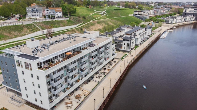 bird's eye view with a water view