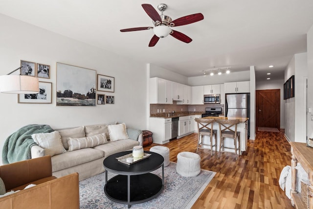 living area featuring a ceiling fan and light wood finished floors