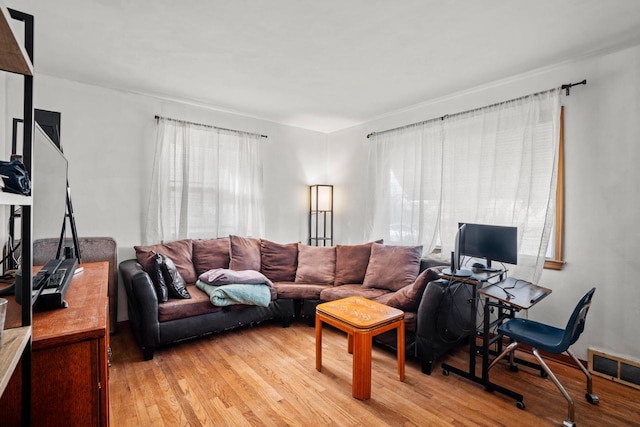 living area with light wood-type flooring, visible vents, and plenty of natural light