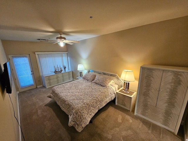 bedroom featuring carpet flooring, a ceiling fan, visible vents, and access to outside