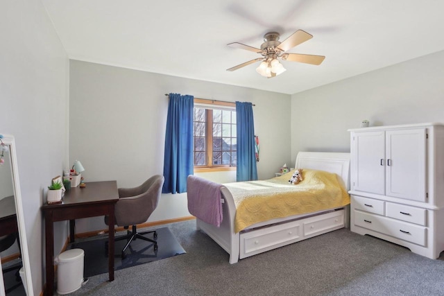 bedroom with a ceiling fan and dark carpet