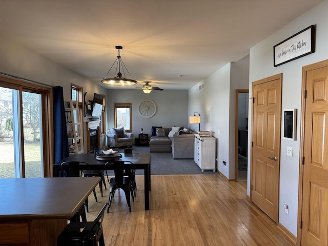 dining area with baseboards, visible vents, light wood finished floors, a fireplace, and ceiling fan