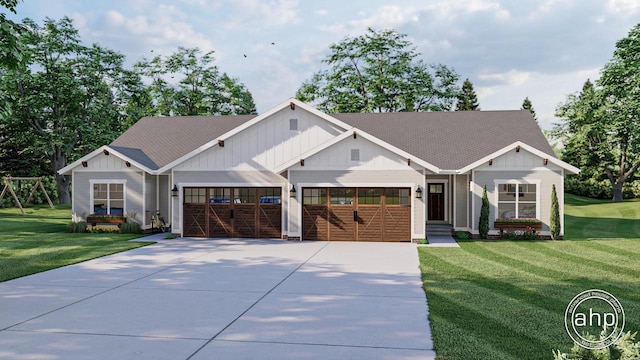 modern farmhouse style home featuring driveway, an attached garage, a front lawn, and board and batten siding