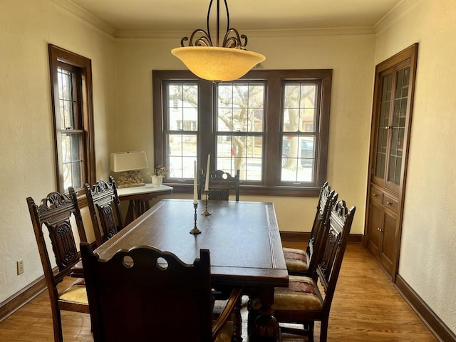 dining space with baseboards, wood finished floors, crown molding, and a textured wall