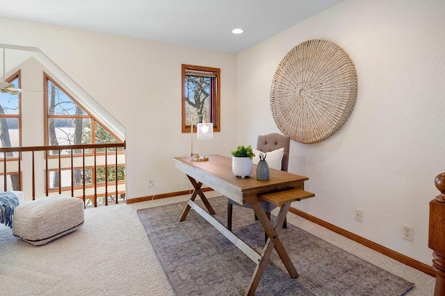 home office featuring baseboards, carpet flooring, and recessed lighting