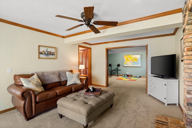 living area with light carpet, baseboards, and crown molding