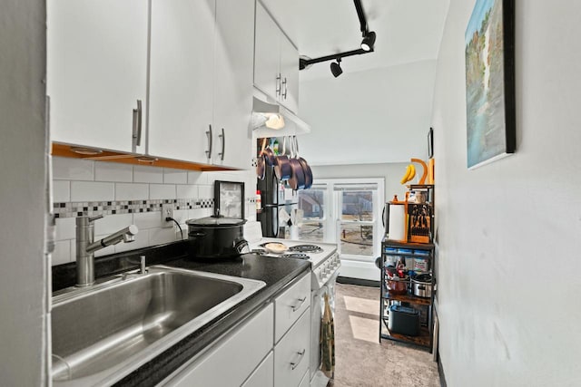 kitchen featuring white cabinets, under cabinet range hood, decorative backsplash, and a sink