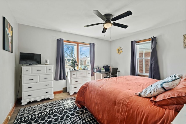 bedroom featuring multiple windows, baseboards, and wood finished floors