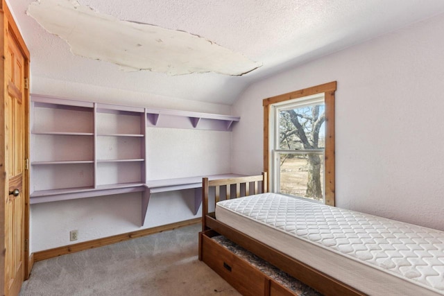 bedroom with lofted ceiling, carpet, baseboards, and a textured ceiling