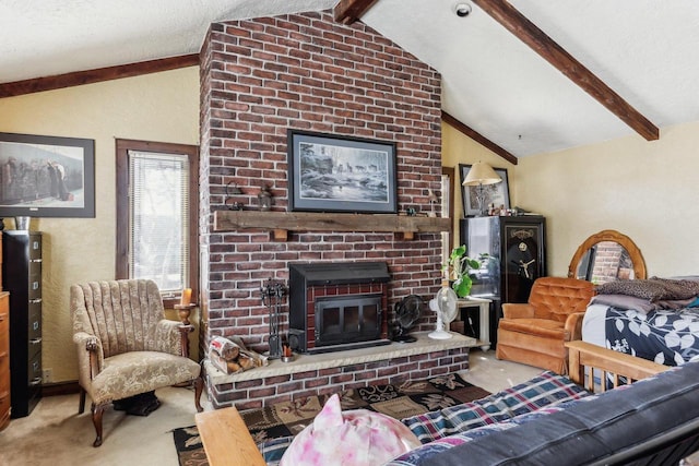 carpeted living area with a brick fireplace, lofted ceiling with beams, and a textured ceiling