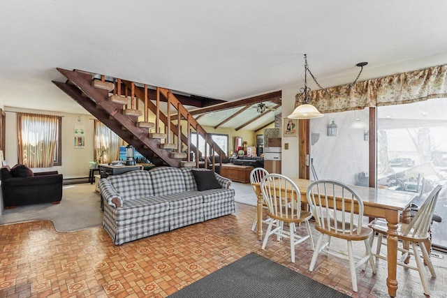 living room featuring brick floor, a baseboard radiator, lofted ceiling with beams, and stairs