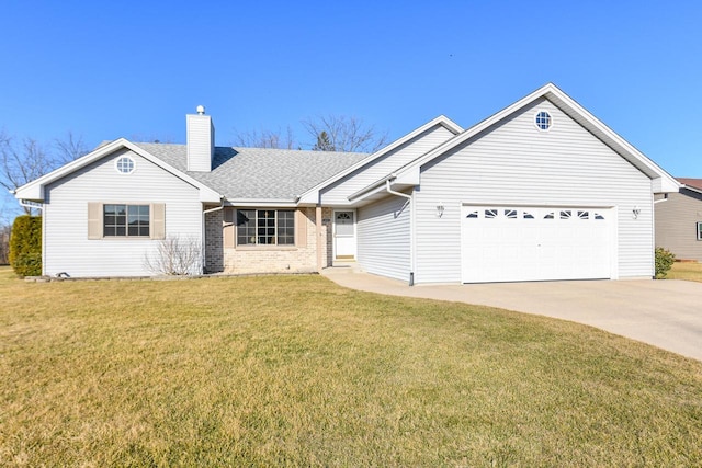 ranch-style house with concrete driveway, a front yard, a garage, brick siding, and a chimney