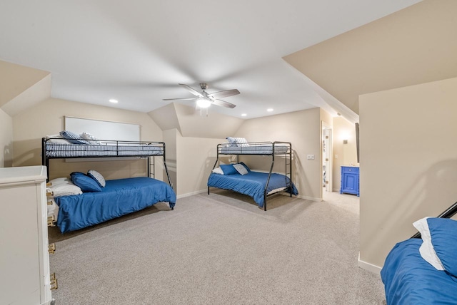 bedroom featuring lofted ceiling, recessed lighting, carpet flooring, and baseboards