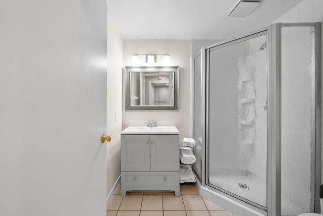 full bath with a stall shower, tile patterned flooring, visible vents, and vanity