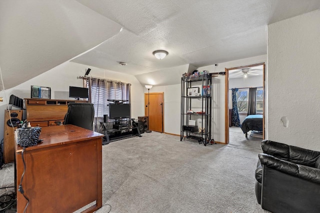 office with light colored carpet, a textured wall, a textured ceiling, and baseboards