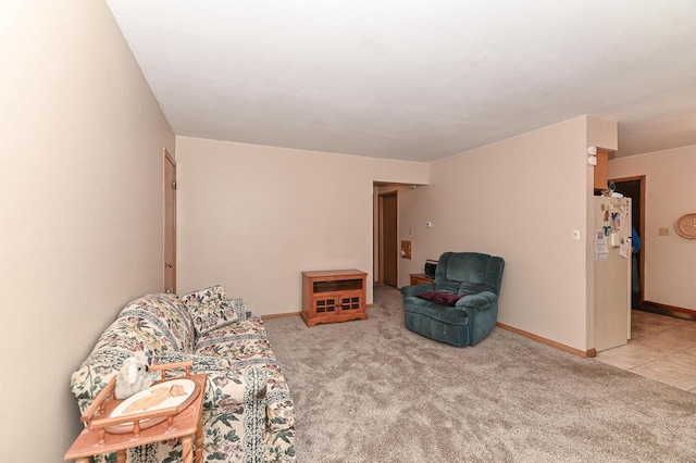 living area featuring baseboards and carpet flooring