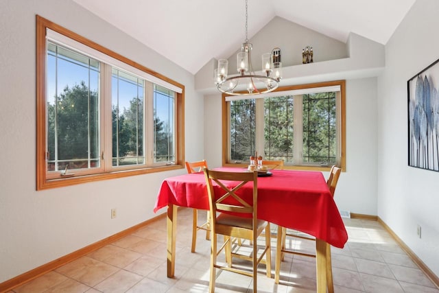 dining area with vaulted ceiling, baseboards, a wealth of natural light, and a chandelier