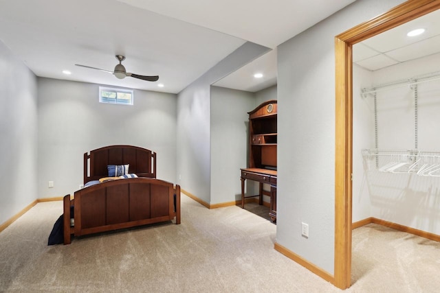 carpeted bedroom with recessed lighting, a ceiling fan, and baseboards