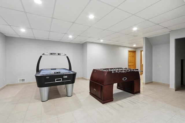 game room featuring recessed lighting, visible vents, a paneled ceiling, and baseboards