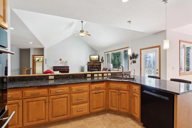 kitchen featuring brown cabinetry, lofted ceiling, a sink, black dishwasher, and open floor plan