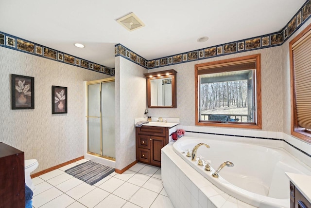 full bathroom with a bath, a shower stall, wallpapered walls, and vanity