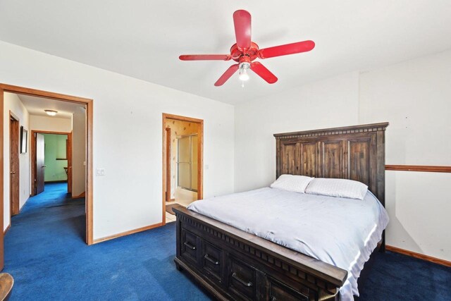 bedroom with a ceiling fan, baseboards, and dark colored carpet