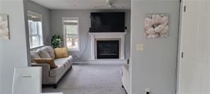 living area with a fireplace and carpet