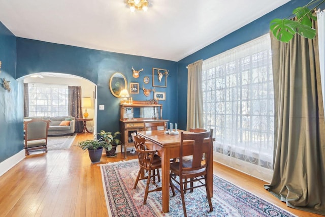 dining space featuring hardwood / wood-style flooring, baseboards, and arched walkways