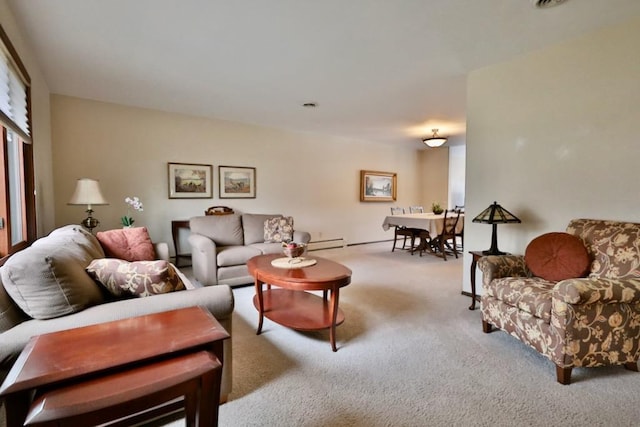 carpeted living area with a baseboard radiator