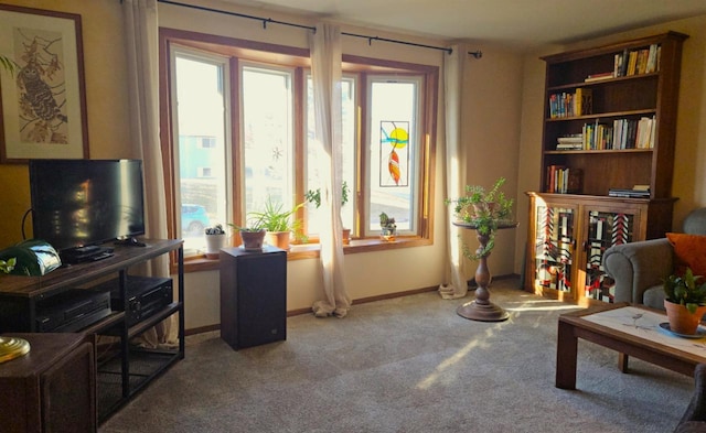 sitting room with carpet, a healthy amount of sunlight, and baseboards