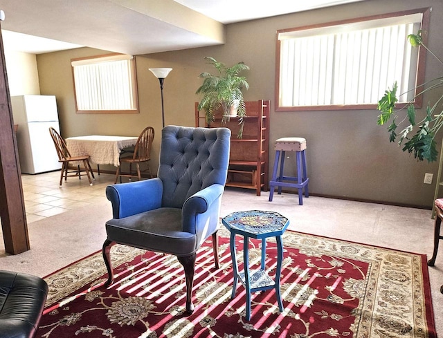 sitting room featuring tile patterned flooring and carpet flooring