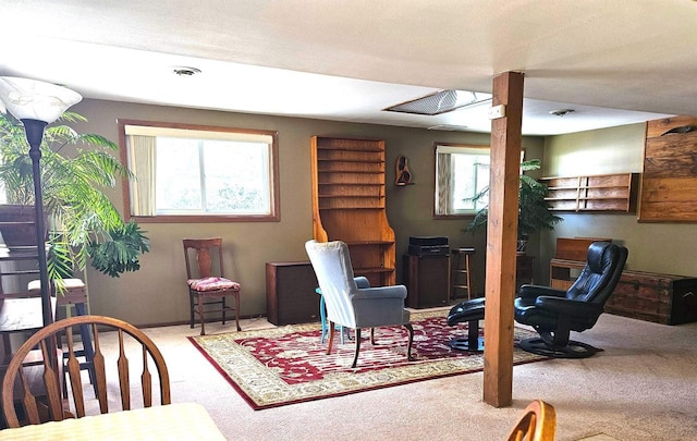 living area featuring carpet flooring