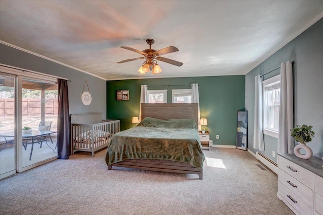 bedroom with baseboards, ornamental molding, carpet flooring, a ceiling fan, and access to outside