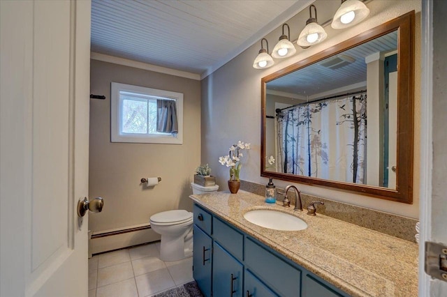 bathroom featuring vanity, ornamental molding, tile patterned flooring, toilet, and baseboard heating