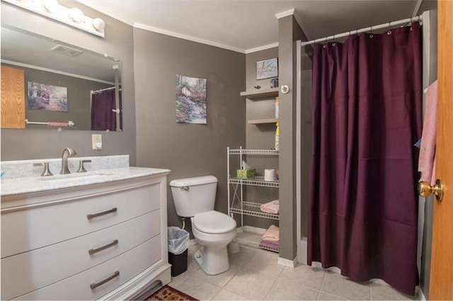 bathroom with visible vents, toilet, a shower with curtain, ornamental molding, and vanity