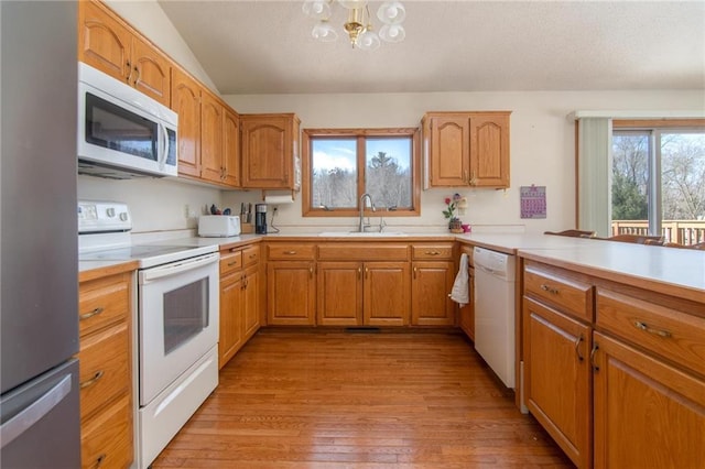 kitchen with light wood-style floors, white appliances, light countertops, and a sink