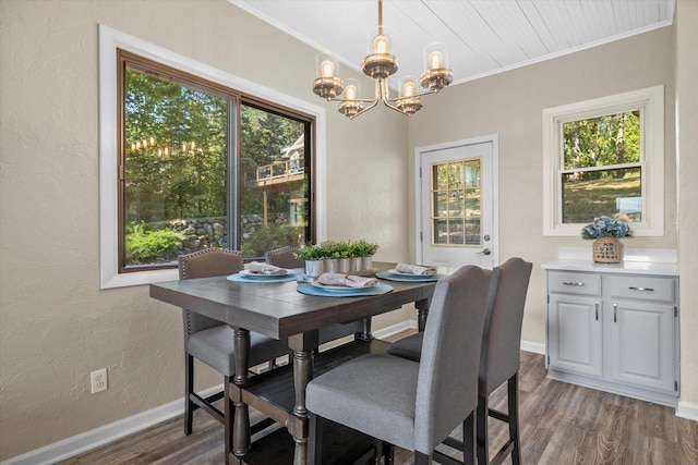 dining room featuring dark wood-type flooring, a healthy amount of sunlight, and baseboards