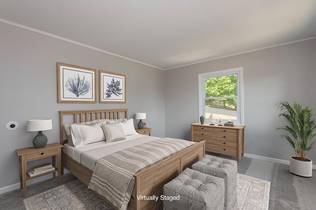 bedroom featuring carpet floors, ornamental molding, and baseboards