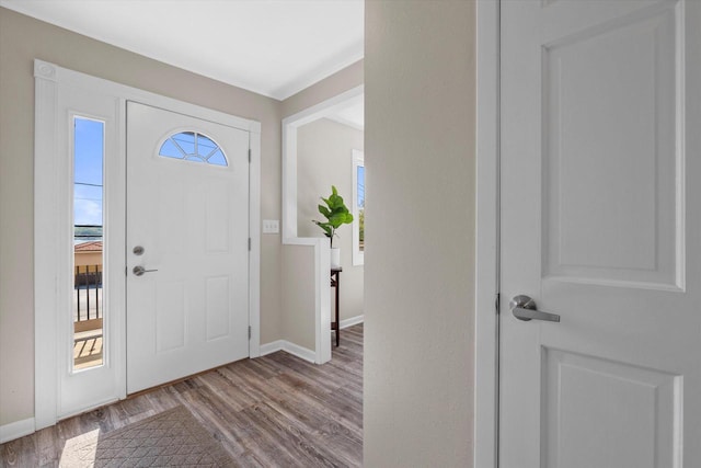 entryway with baseboards and wood finished floors