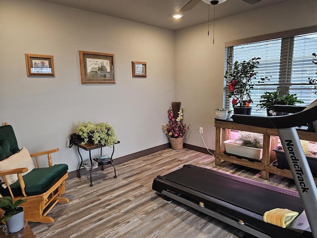 exercise room with ceiling fan, recessed lighting, wood finished floors, and baseboards